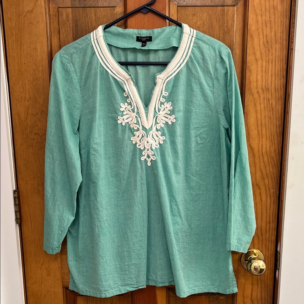 Talbots Teal Tunic with White Embroidery